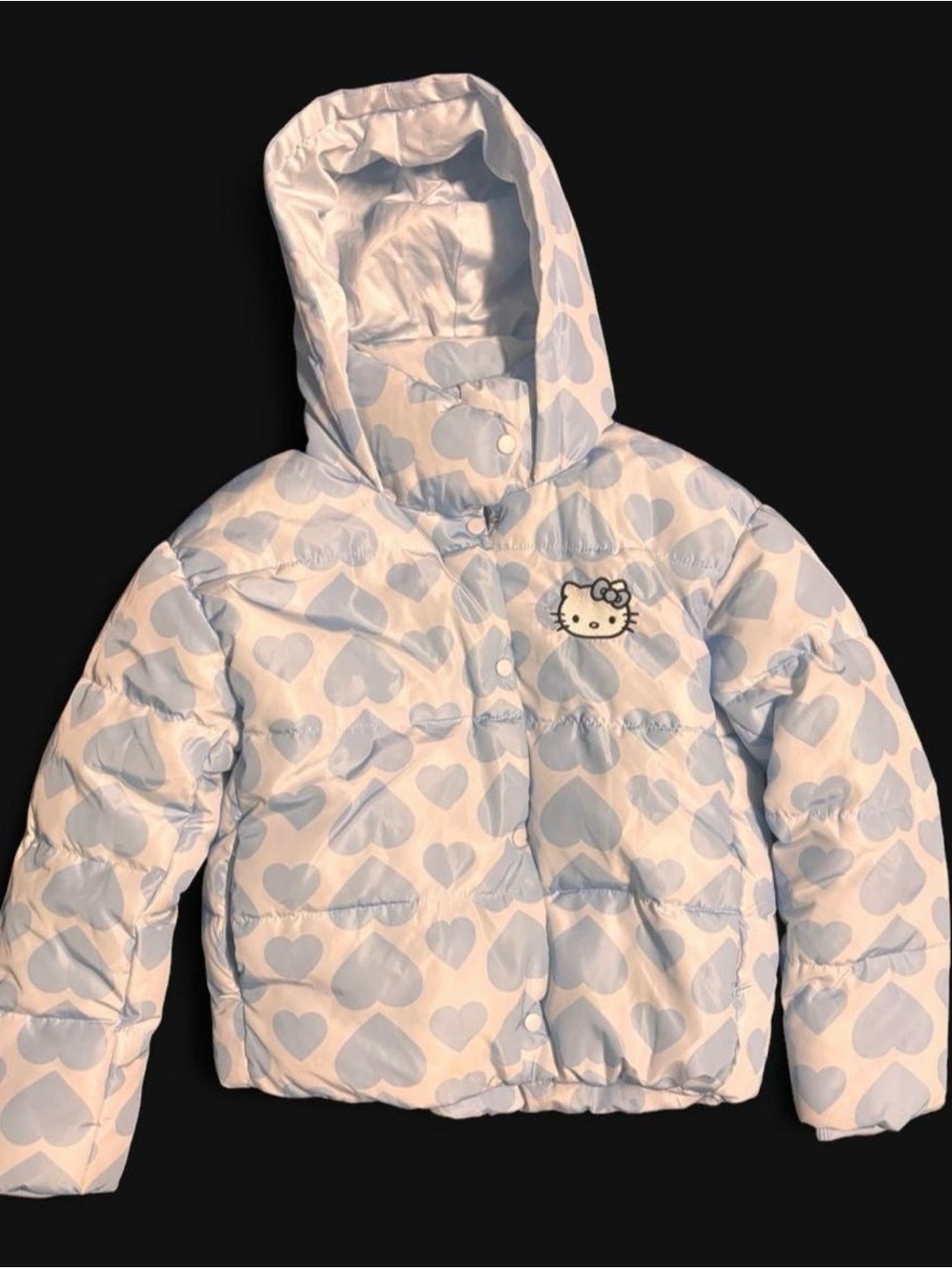 Hello Kitty Pale Blue Heart Print Hooded Puffer Jacket